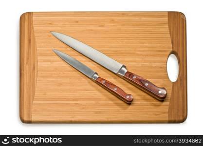 kitchen knife on a cutting board on white background