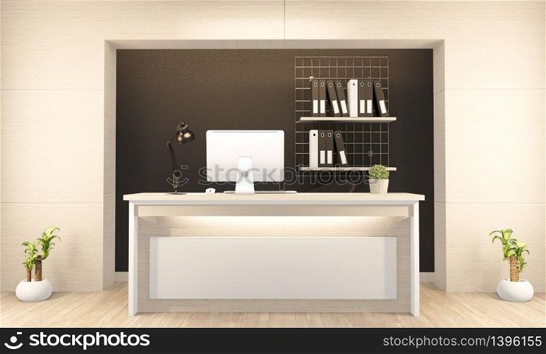 Kitchen room scene mock up with wooden counter kitchen and decoration on white room hexagon tiles wall. 3D rendering