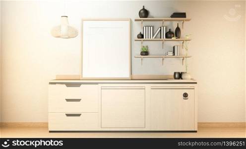 Kitchen room scene mock up with wooden counter kitchen and decoration on white room empty wall.3D rendering