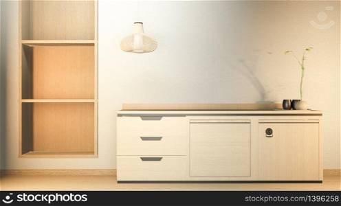 Kitchen room scene mock up with wooden counter kitchen and decoration on white room empty wall.3D rendering