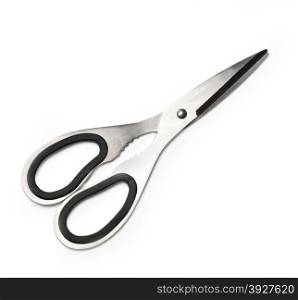 Kitchen scissors or shears, steel and black grey plastic on white background.With clipping path