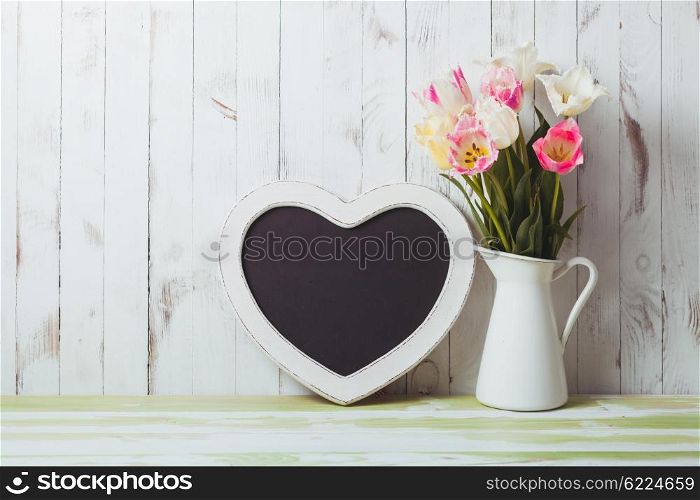 Kitchen table top in rustic shabby chic style, heart shape chalkboard
