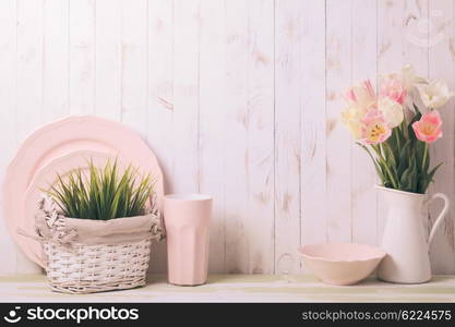 Kitchen table top in rustic shabby chic style, pink decorations