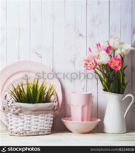 Kitchen table top in rustic shabby chic style, pink decorations