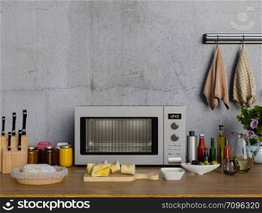 Kitchen table with microwave. 3D rendering.