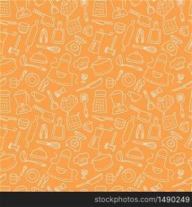 Kitchen tools and tableware. Cook. Seamless pattern. Hand drawn vector illustration in doodle style on orange background.. Kitchen tools and tableware. Cook. Seamless pattern. Hand drawn vector illustration