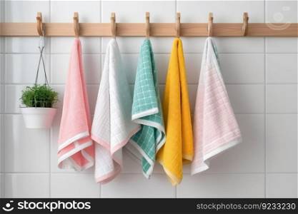 Kitchen towels haning on steel rack. Wall textile. Generate AI. Kitchen towels haning on steel rack. Generate AI