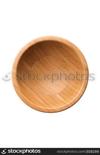 Kitchen utensil: empty clean wooden bowl, top view, isolated on white background . Empty wooden bowl