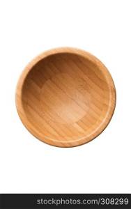 Kitchen utensil: empty clean wooden bowl, top view, isolated on white background . Empty wooden bowl