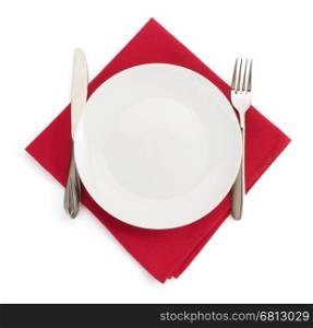 kitchen utensils at napkin on white background