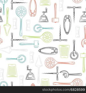 Kitchen utensils color seamless pattern. Hand drawn kitchen utensils seamless pattern. Vector color cutlery background