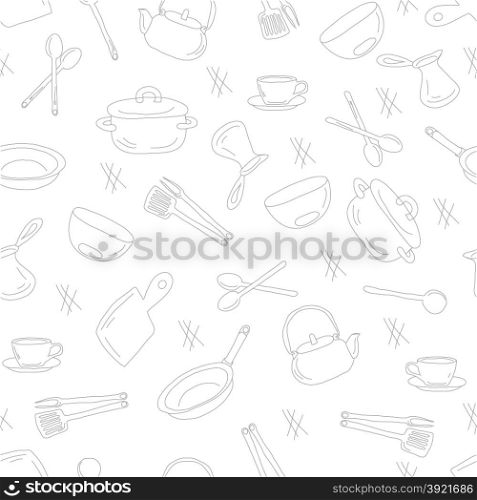Kitchen utensils outline seamless pattern. Picture of kitchen utensils, a dark outline against a light background. Vector illustration