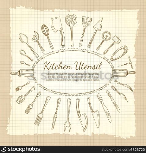 Kitchen vintage background with crockery frame. Kitchen vintage background with hand drawn utensil or crockery and decorative frame. Vector illustration