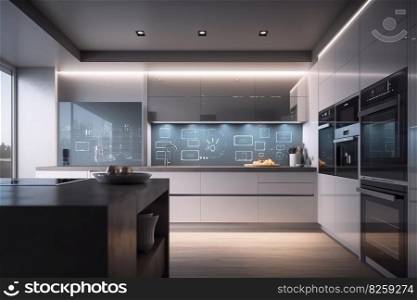 Kitchen with smart appliances with display screen and voice-controlled settings, concept of smart home and advanced artificial intelligence. Generative AI