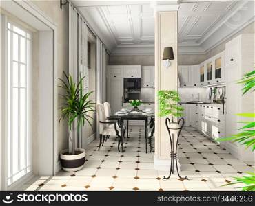 Kitchen with the classic furniture. 3D render.