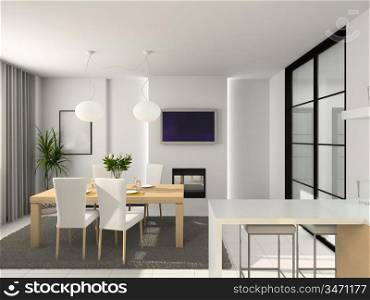 Kitchen with the modern furniture. 3D render