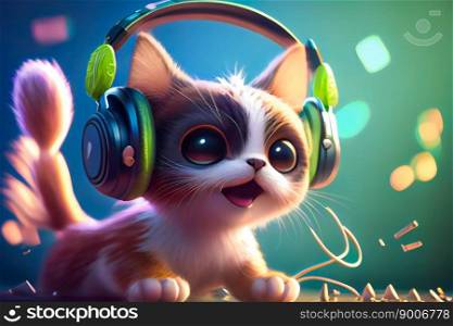 Kitten With Headphones.  Cute Cartoon Kitten.  Generative AI
