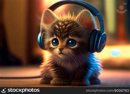 Kitten With Headphones.  Cute Cartoon Kitten.  Generative AI

