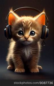 Kitten With Headphones.  Cute Cartoon Kitten.  Generative AI 