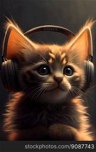 Kitten With Headphones.  Cute Cartoon Kitten.  Generative AI 