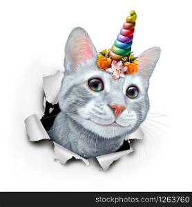 Kitty unicorn as a cute kitten with a fairytale magical horn rainbow cat with a wreath of flowers with 3D illustration elements.