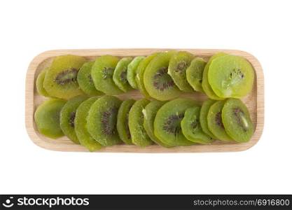 kiwi dried fruit in woodenware isolated on white background with clipping path