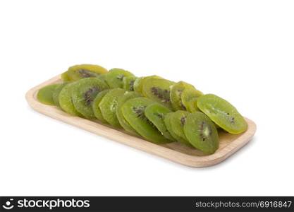 kiwi dried fruit in woodenware isolated on white background with clipping path