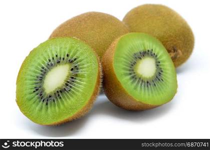 Kiwi fruit, half of qiwi isolated on white background. Cut of green sweet kiwi. Kiwi healthy food.