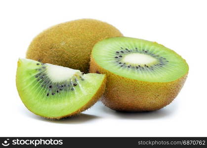 Kiwi fruit, half of qiwi isolated on white background. Cut of green sweet kiwi. Kiwi healthy food.