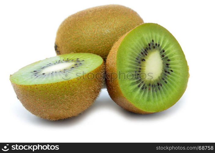 Kiwi fruit, half of qiwi isolated on white background. Cut of green sweet kiwi. Kiwi healthy food.