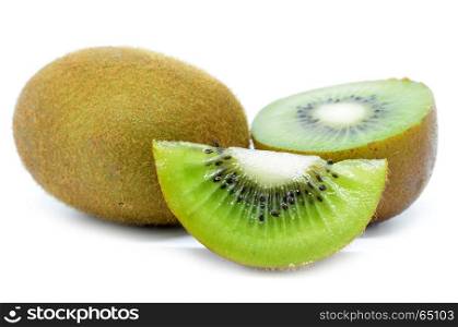 Kiwi fruit, slice of qiwi isolated on white background. Cut of green sweet kiwi. Kiwi healthy food.