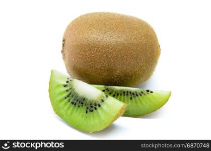 Kiwi fruit, slice of qiwi isolated on white background. Cut of green sweet kiwi. Kiwi healthy food.