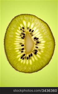 Kiwi fruit slice top view with gradient green background.