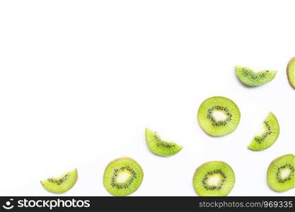 Kiwi fruit slices isolated on white background. Copy space