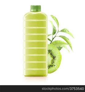 kiwi juice in a plastic container jug with fresh kiwi and leaves on a white background.. kiwi juice