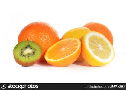kiwi, lemon and orange on white background