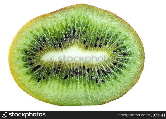 Kiwi slice macro isolated on white background