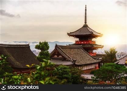 Kiyomizu-dera buddhism temple and Kyoto city skyline in Japan, East Asia. Kiyomizu-dera is the famous landmark attracting tourist who visit Kyoto, Japan.