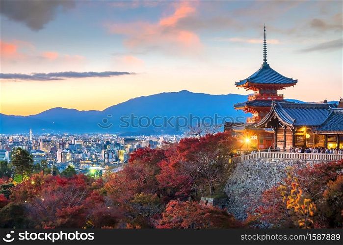 Kiyomizu-dera Temple autumn season in Kyoto, Japan at sunset