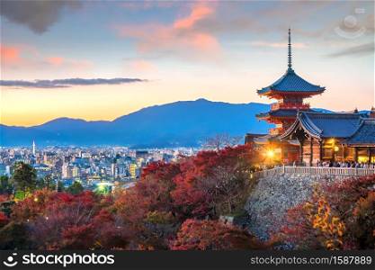 Kiyomizu-dera Temple autumn season in Kyoto, Japan at sunset