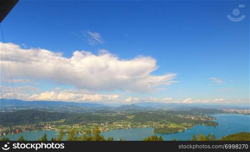 Klagenfurt and lake WoertherSee from PyramidenKogel, talest wooden tower in the world