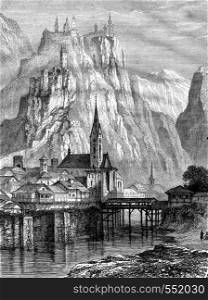 Klausen and Convent Seben on the Sonnenberg, Tyrol, vintage engraved illustration. Magasin Pittoresque 1867.
