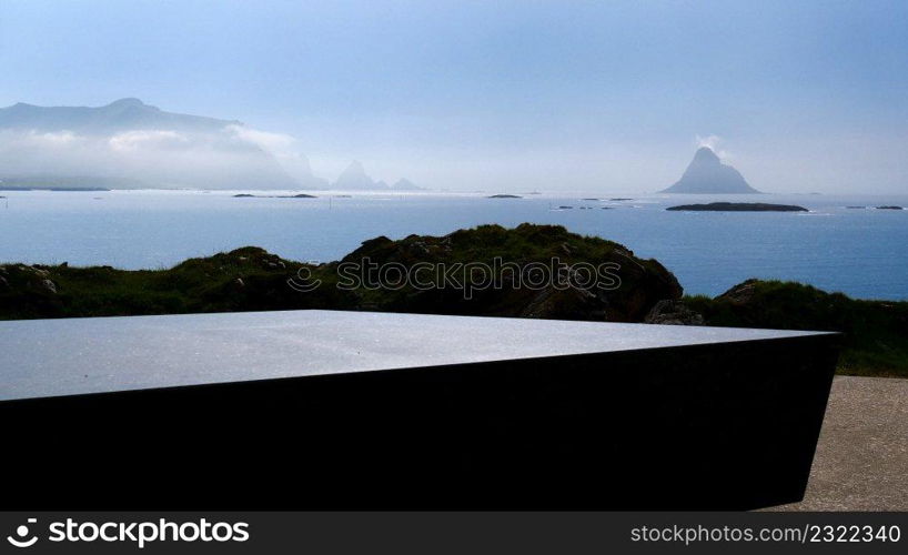 Kleivodden rest stop area viewpoint. Arctic scenis ocean view. Attractions along Andoya island Vesteralen Norway.. Seascape from Kleivodden rest area, Andoya Norway