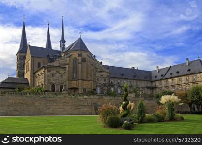 Kloster Michelsberg (Michaelsberg) cathedral and garden in Bamburg, Germany with blue sky&#xA;