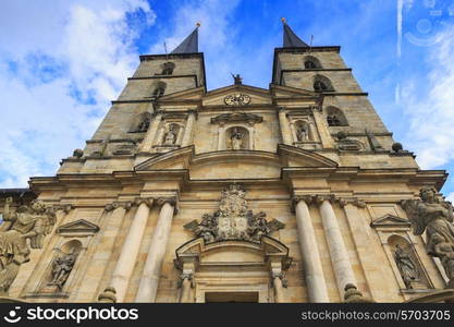 Kloster Michelsberg (Michaelsberg) in Bamburg, Germany with blue sky and closeu view of statues