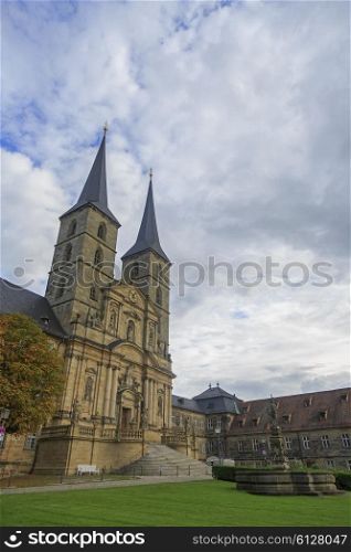 Kloster Michelsberg (Michaelsberg) in Bamburg, Germany with blue sky and statues&#xA;