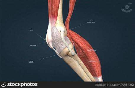 Knee joint anatomy, different structures in and around the knee 3D illustration. Knee joint anatomy, different structures in and around the knee.