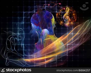 Kneeling figure, surreal violin and radiating treble clef on subject of music and performance arts