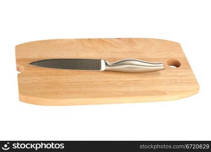 Knife and chopping board isolated on white