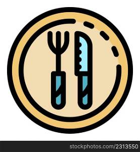 Knife fork plate icon. Outline knife fork plate vector icon thin line color flat on white. Knife fork plate icon color outline vector